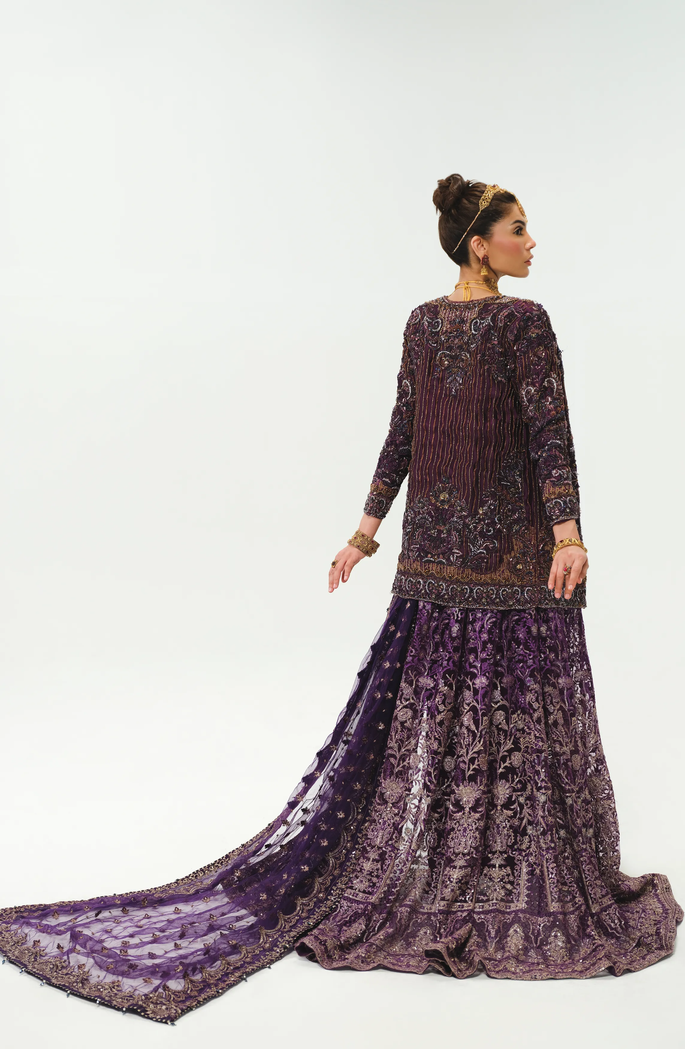 Alluring Aubergine Purple Ensemble with Multilayered Silhouette