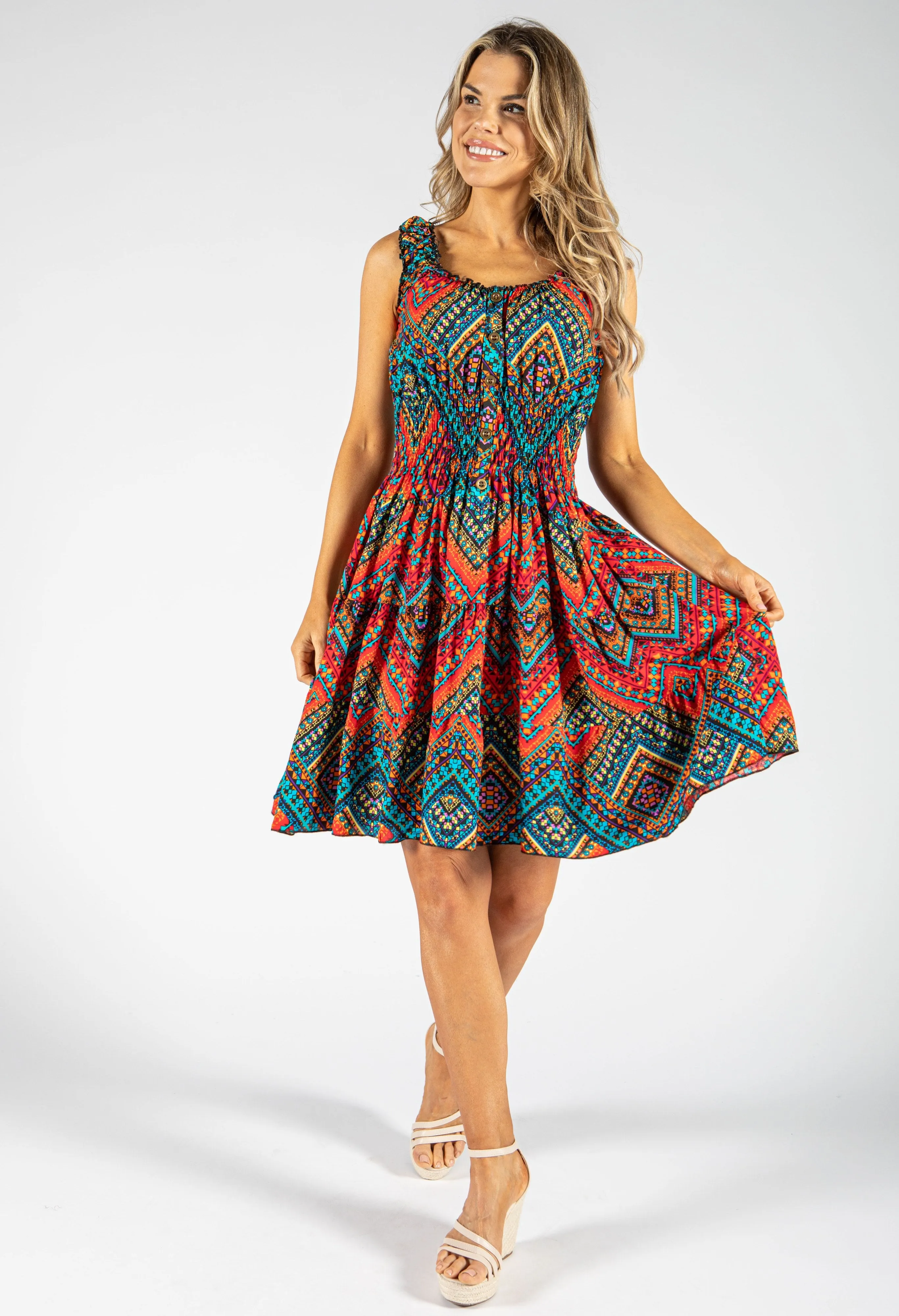 Aztec Print Smocking Waistband Short Dress
