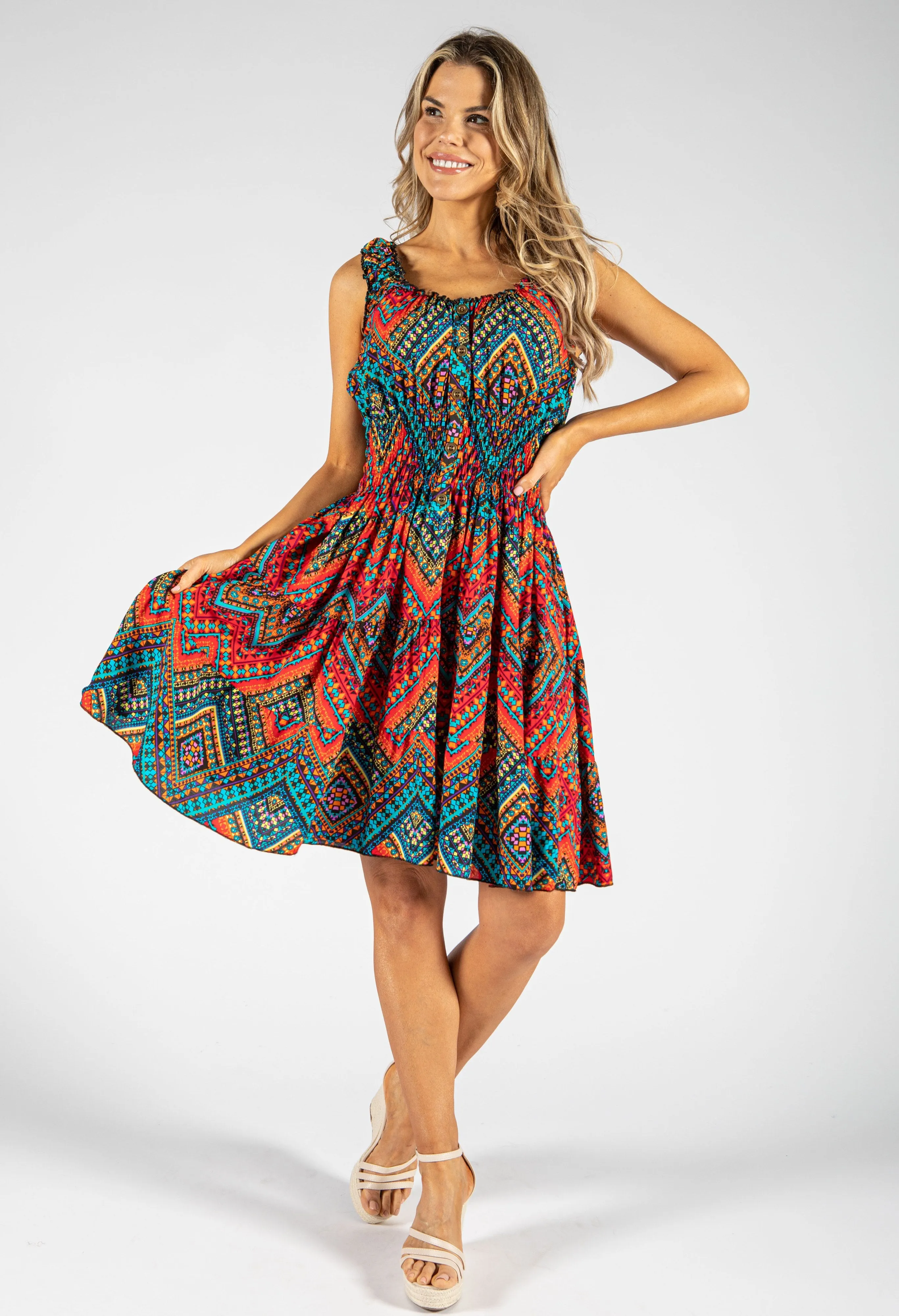 Aztec Print Smocking Waistband Short Dress