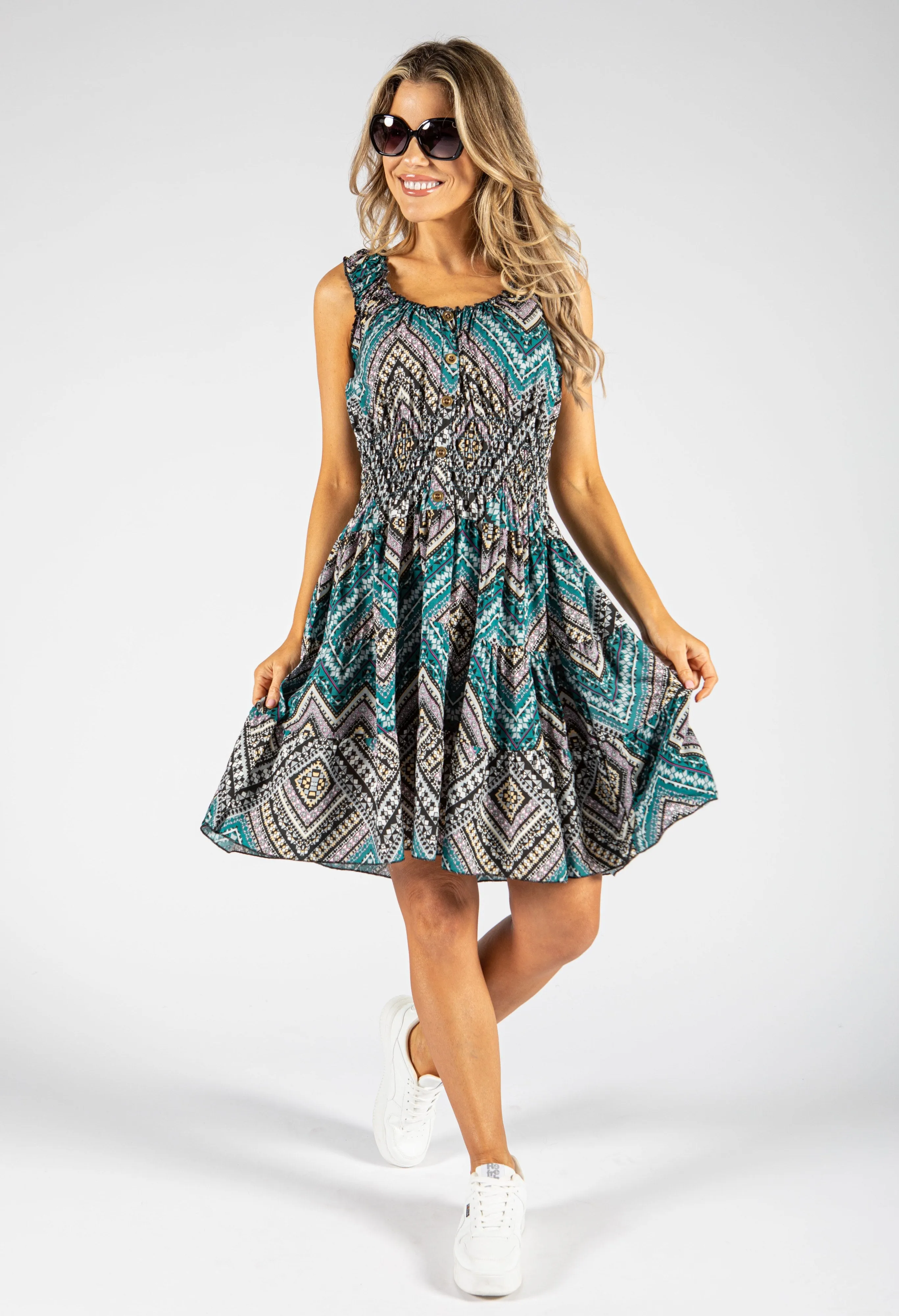 Aztec Print Smocking Waistband Short Dress