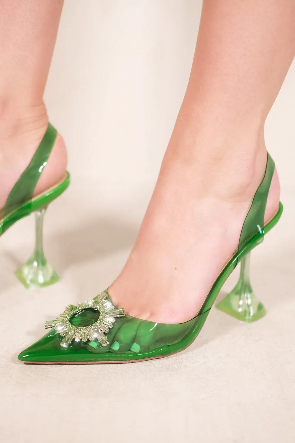 BARIHA PERSPEX POINTED TOE FLARED HEEL SANDALS WITH DIAMANTE BUCKLE IN JADE GREEN