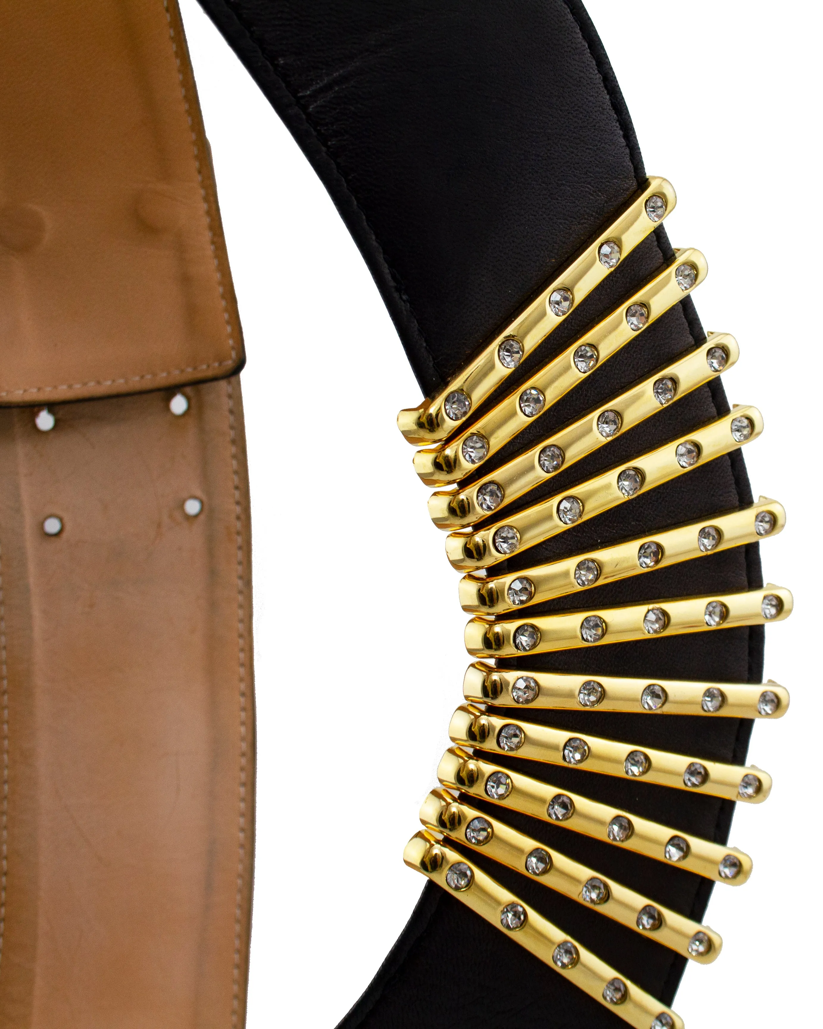 Black Leather Belt with Rhinestone Bars