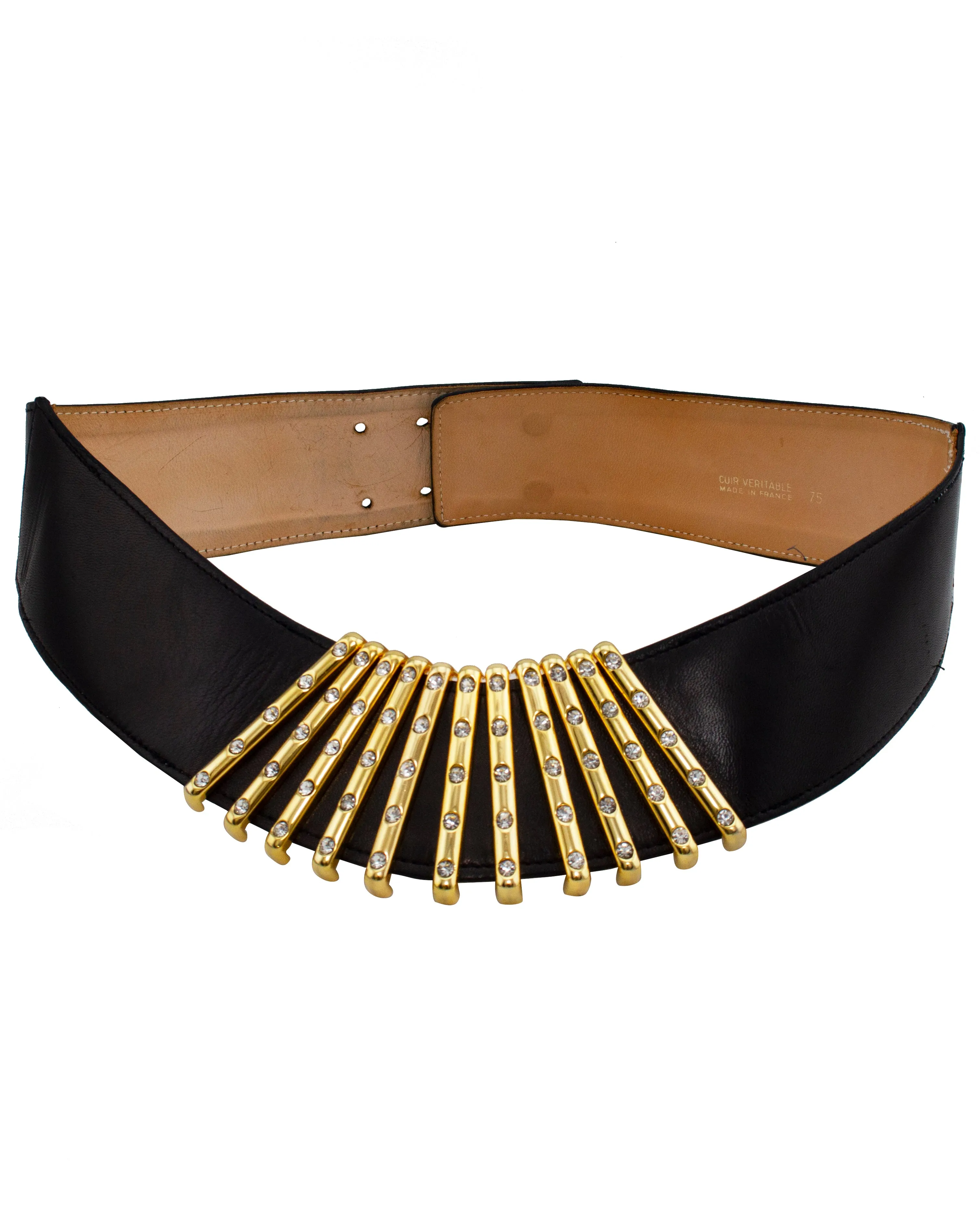 Black Leather Belt with Rhinestone Bars