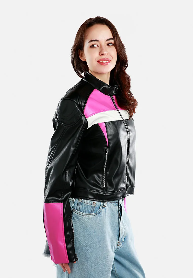 Color Block Faux Leather Biker Jacket By Ruw