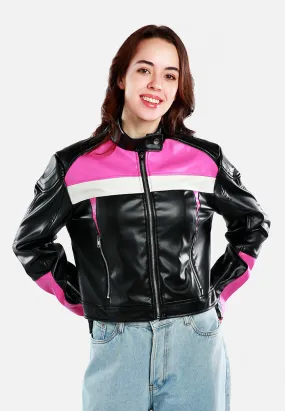 Color Block Faux Leather Biker Jacket By Ruw
