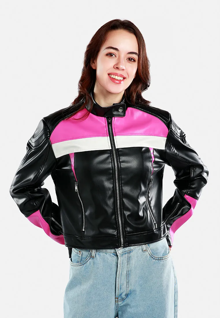 Color Block Faux Leather Biker Jacket By Ruw