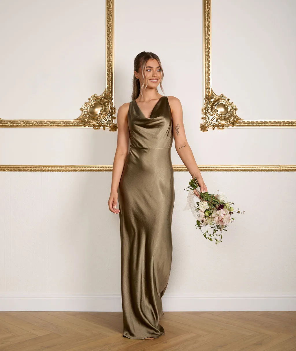 Cowl Front Satin Bridesmaid Dress - Olive