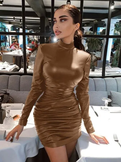 Leather Mini Dress Ruched Turtleneck Long Sleeve Bodycon Bandage Dress