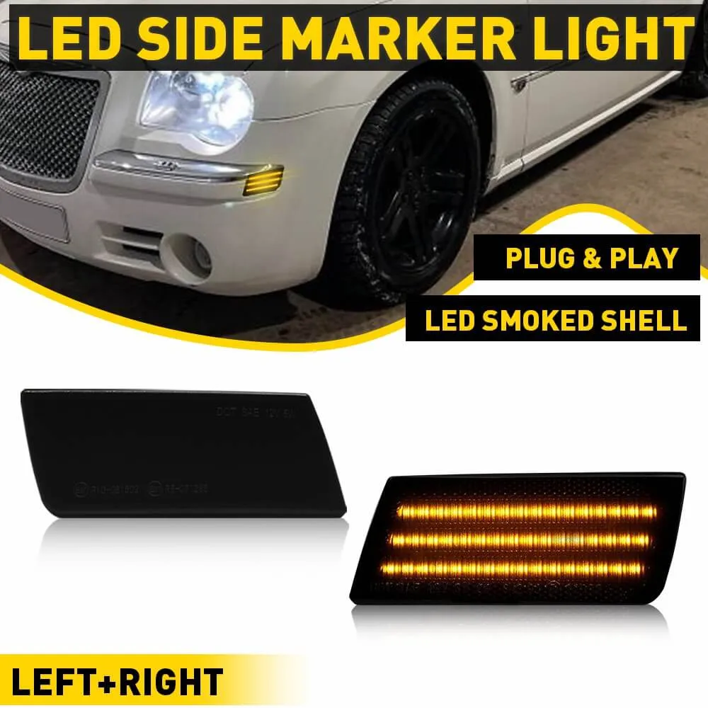 LED Front Side Marker Light Compatible With 2005-2014 Chrysler 300, Smoked Lens 3 Row Beams