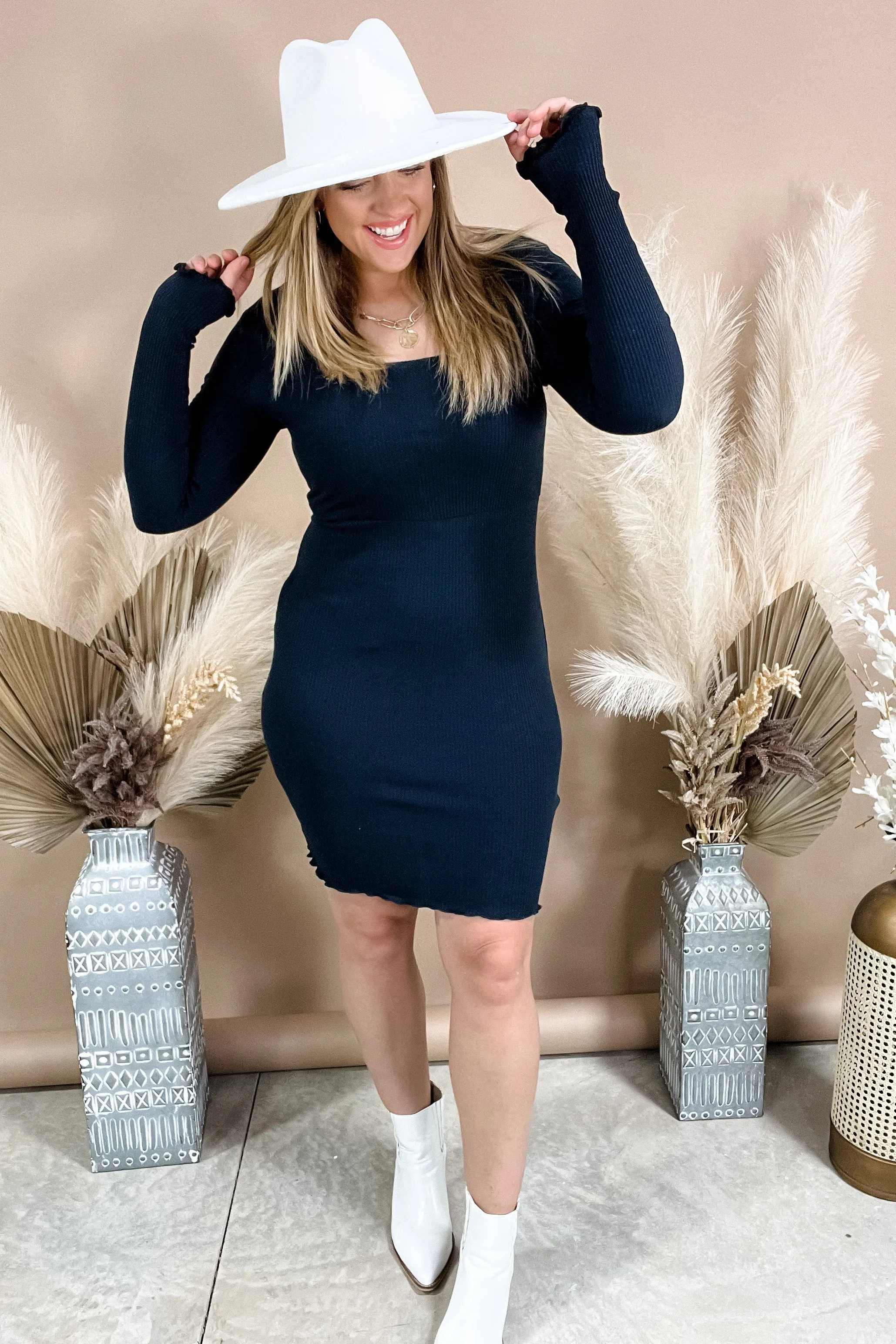 Promise Me This- Black Square Neck Long Sleeve Fitted Dress