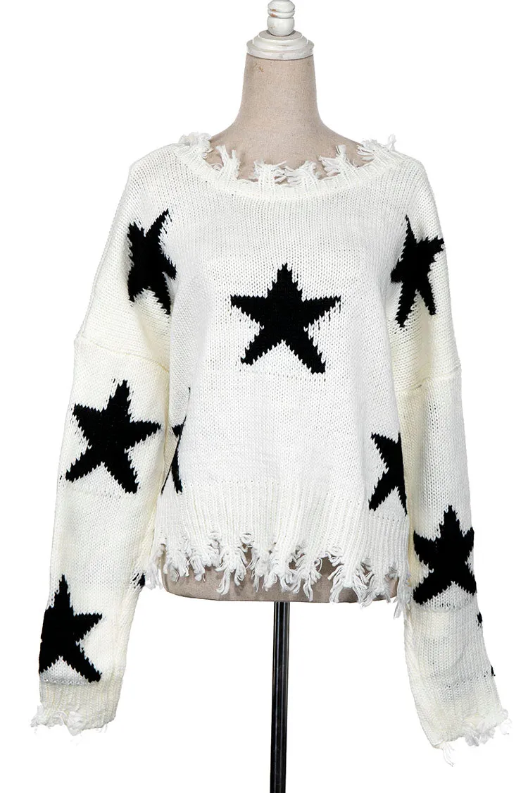 STAR PATTERN DISTRESSED HEM KNIT SWEATER 1 PACK