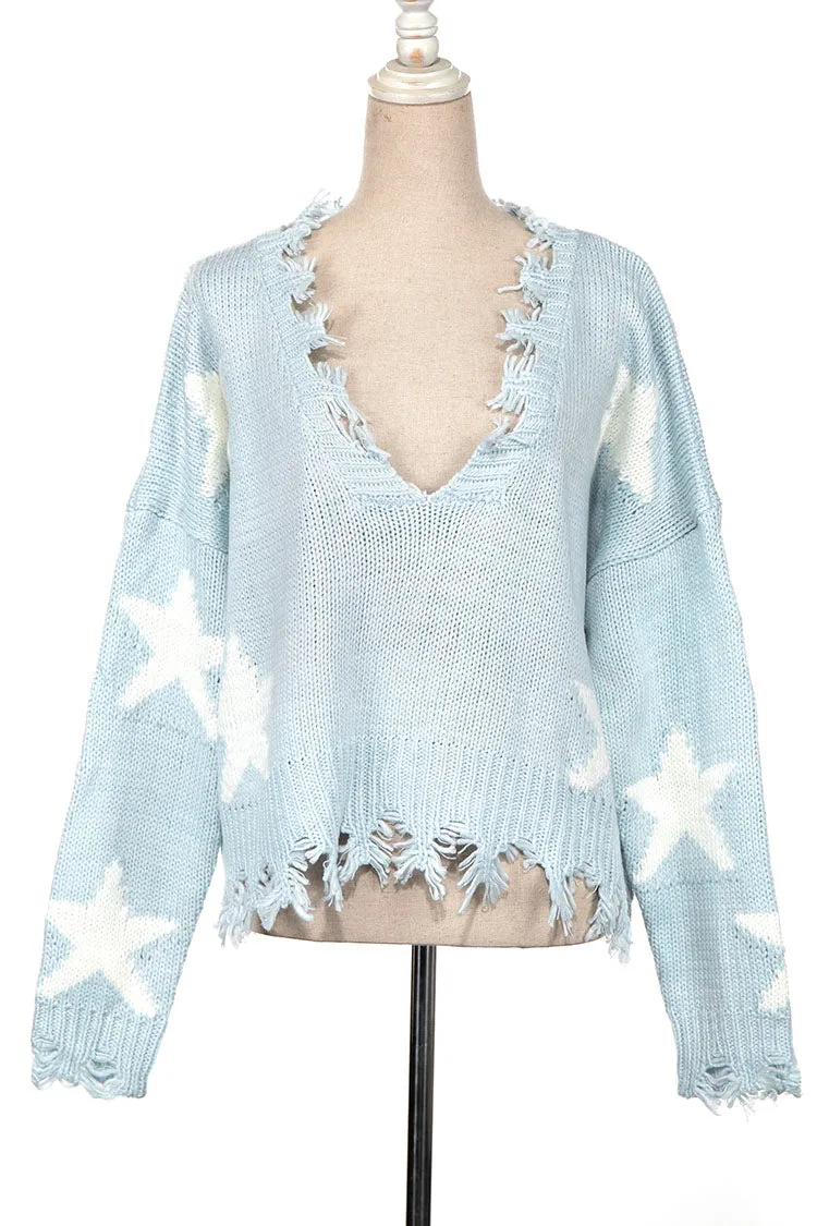 STAR PATTERN DISTRESSED HEM KNIT SWEATER 1 PACK