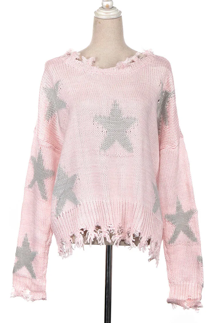 STAR PATTERN DISTRESSED HEM KNIT SWEATER 1 PACK