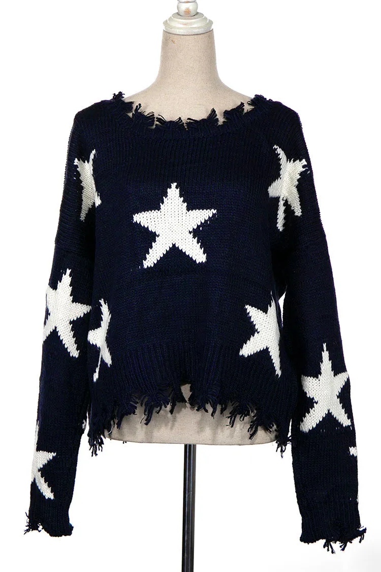 STAR PATTERN DISTRESSED HEM KNIT SWEATER 1 PACK