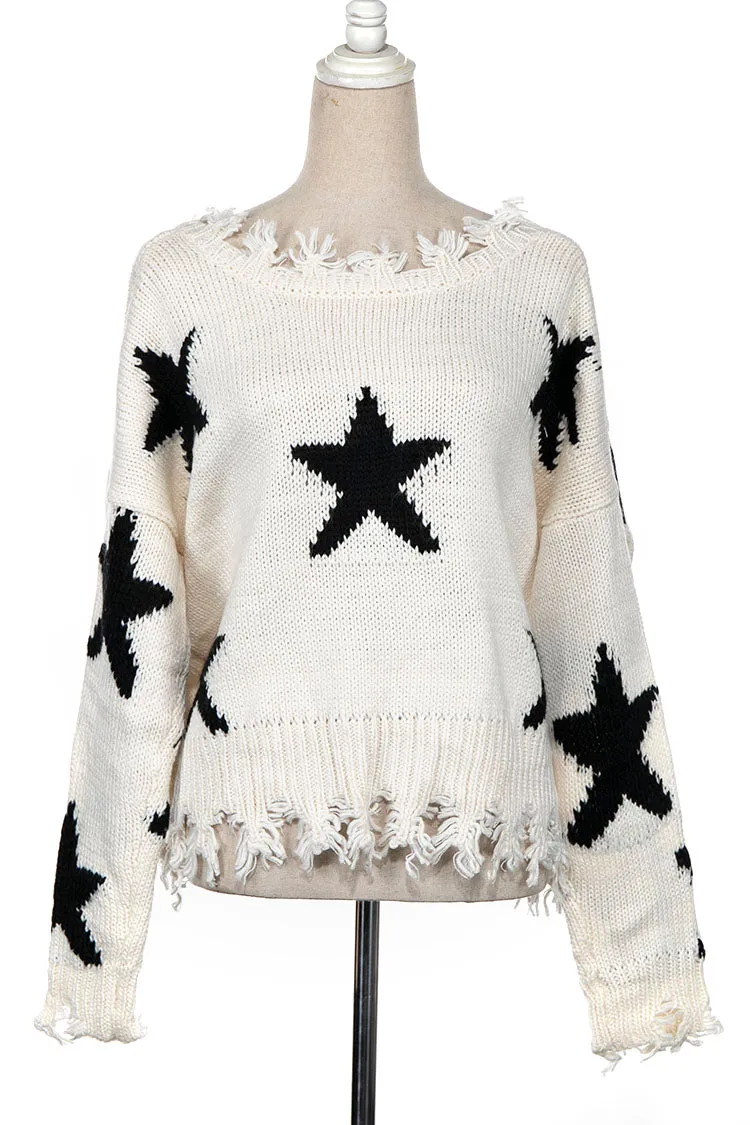 STAR PATTERN DISTRESSED HEM KNIT SWEATER 1 PACK