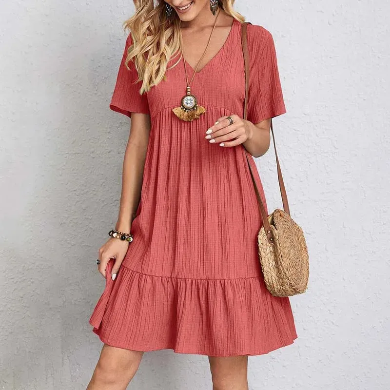 Women Short-Sleeved Dress V-Neck Basic Summer Fashion Casual Party Beach Holiday Midi Dress Women's Overalls Female Clothes